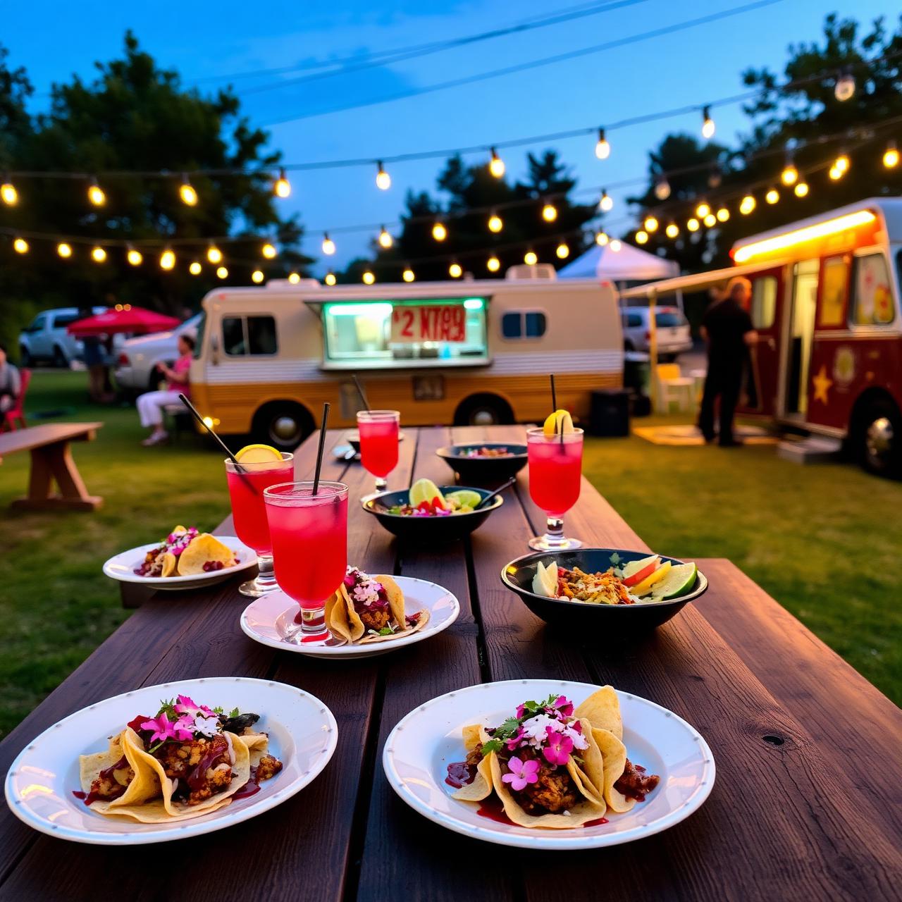 Picnic table loaded with tacos and hibiscus drinks at a food truck park