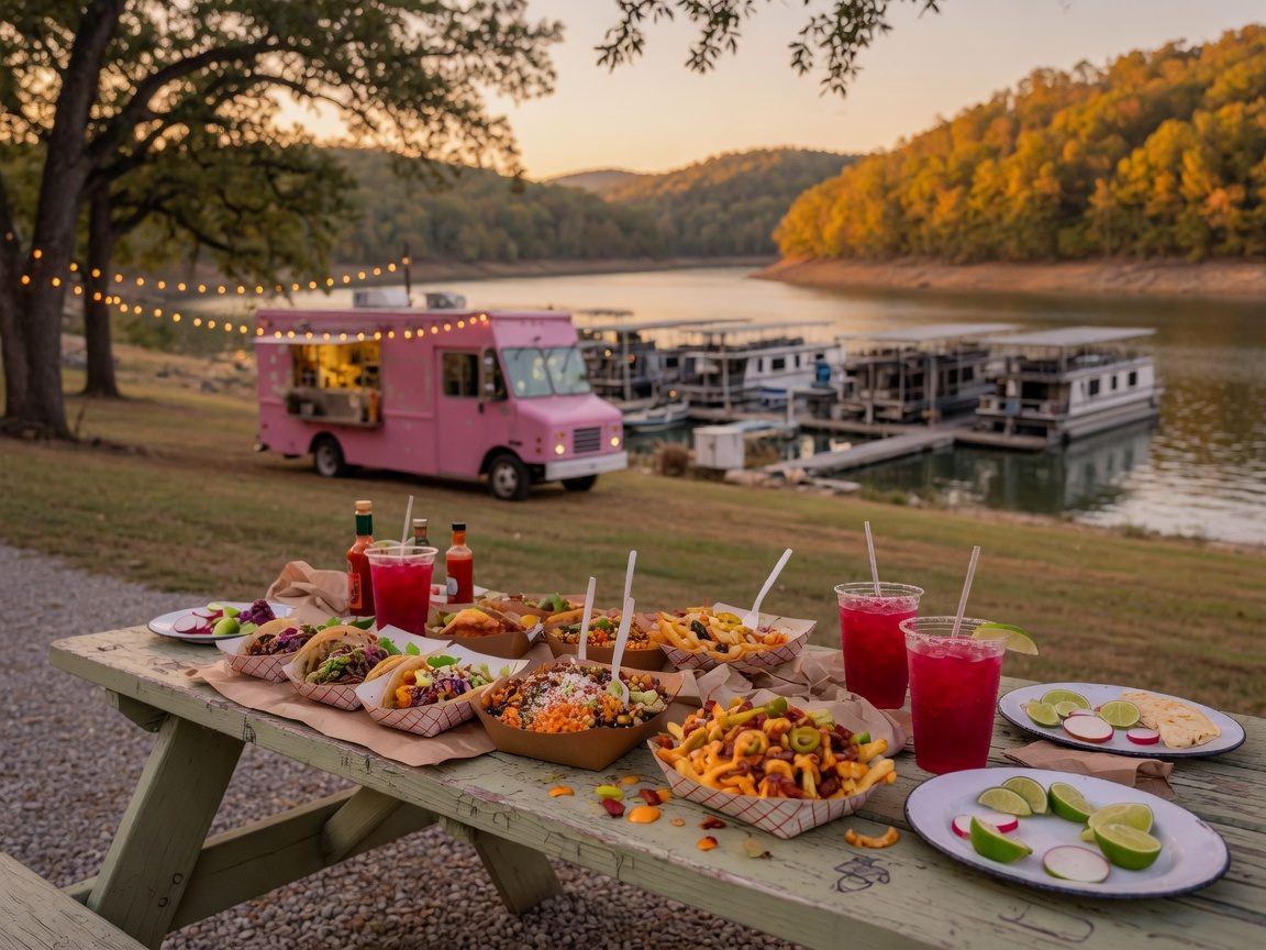 Picnic table of Korean-Mexican tacos at a Lake Cumberland marina with the pink food truck