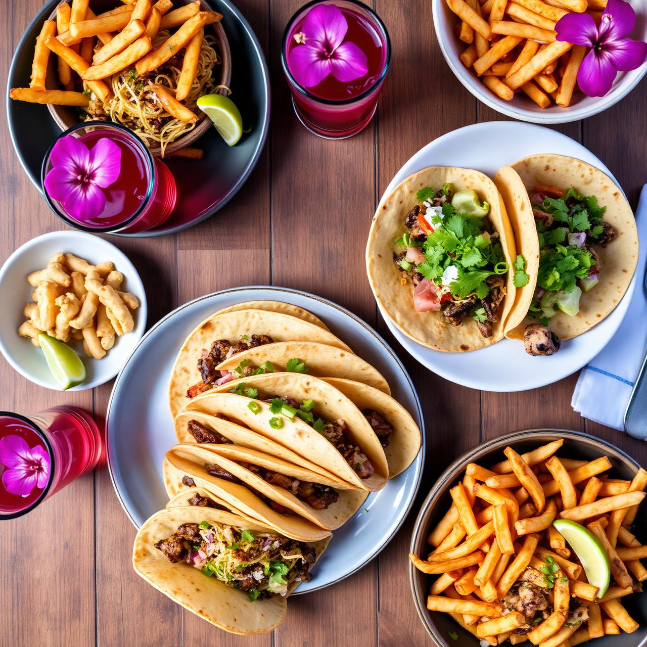 Overhead spread of tacos, bowls, fries and drinks