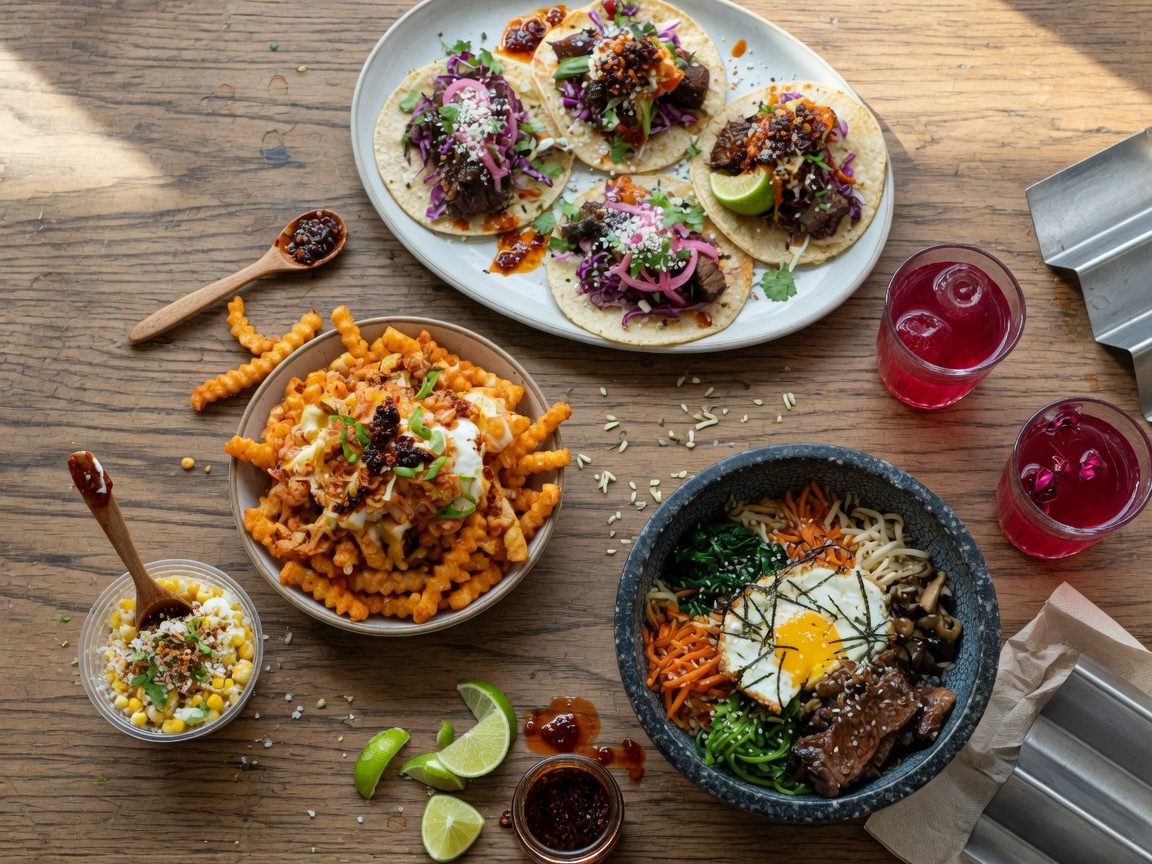 Overhead spread of Korean-Mexican tacos, bowls, and fries from The Wheelie Taco