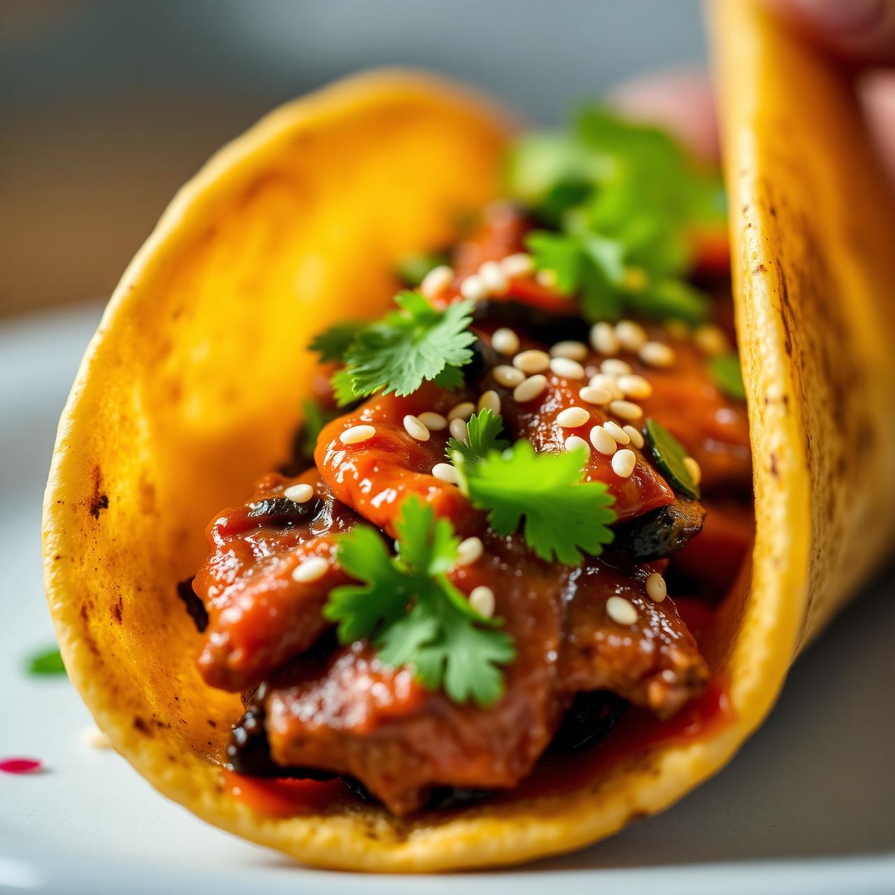 Close-up of a kimchi short rib taco with sesame seeds