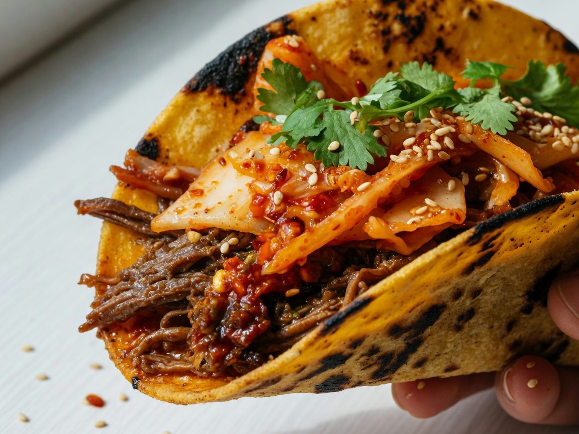 Close-up of a Korean kimchi short rib taco from The Wheelie Taco
