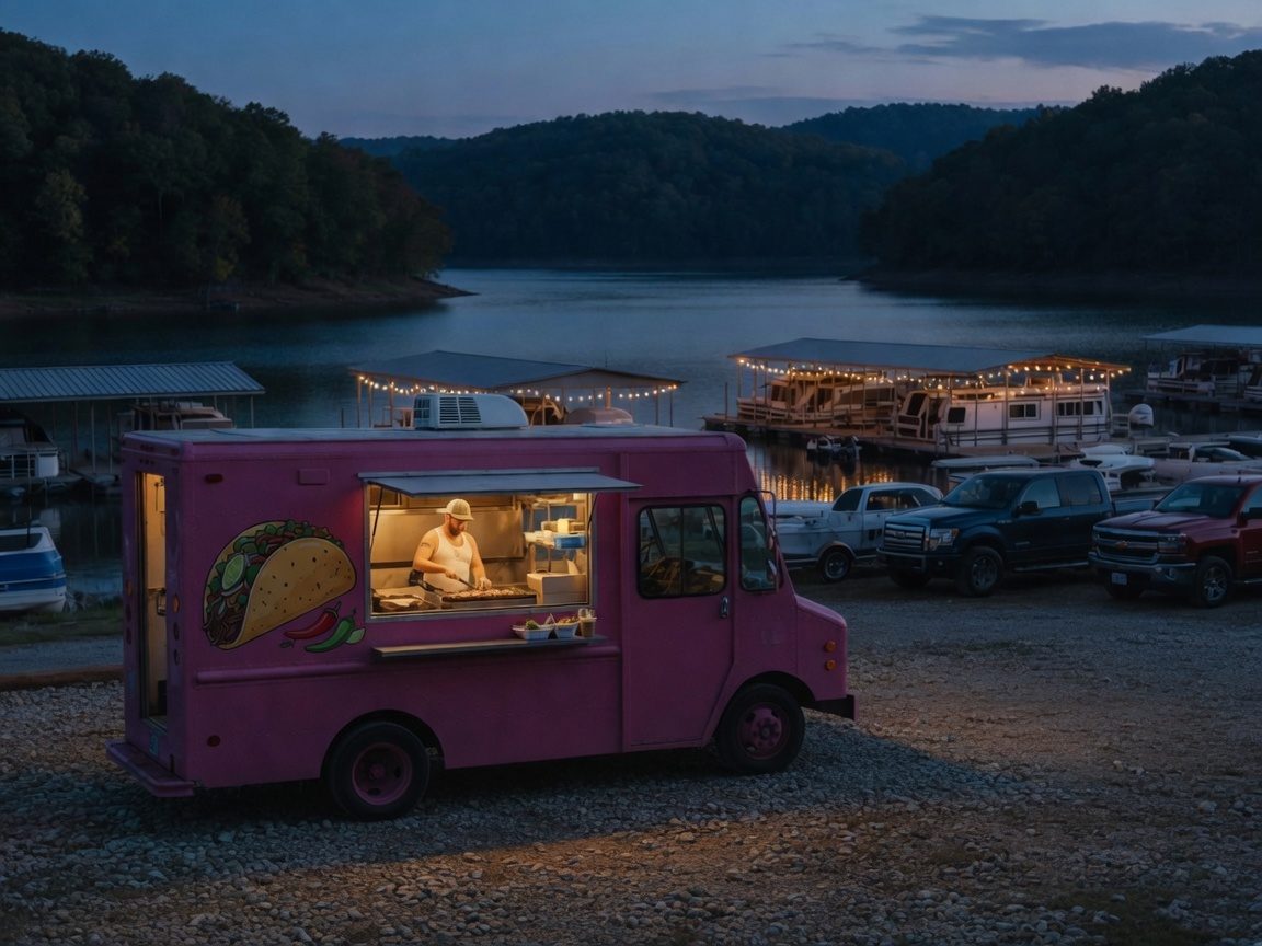The Wheelie Taco food truck at dusk at a Lake Cumberland marina near Monticello, KY