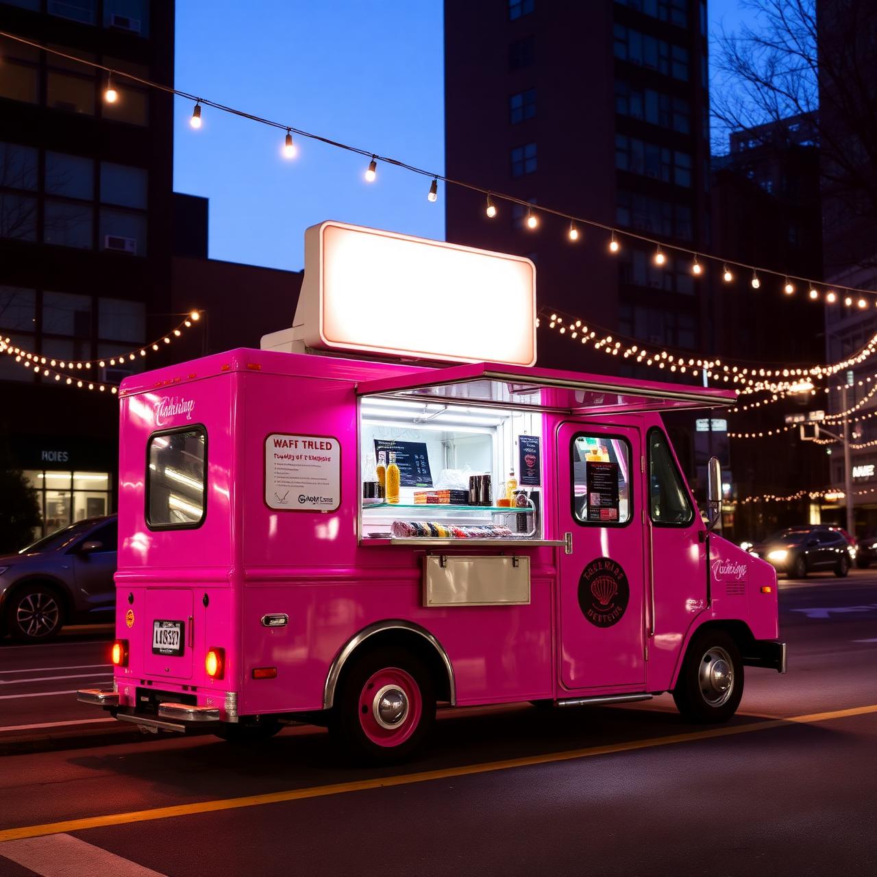 The hot-pink Wheelie Taco truck at dusk under string lights