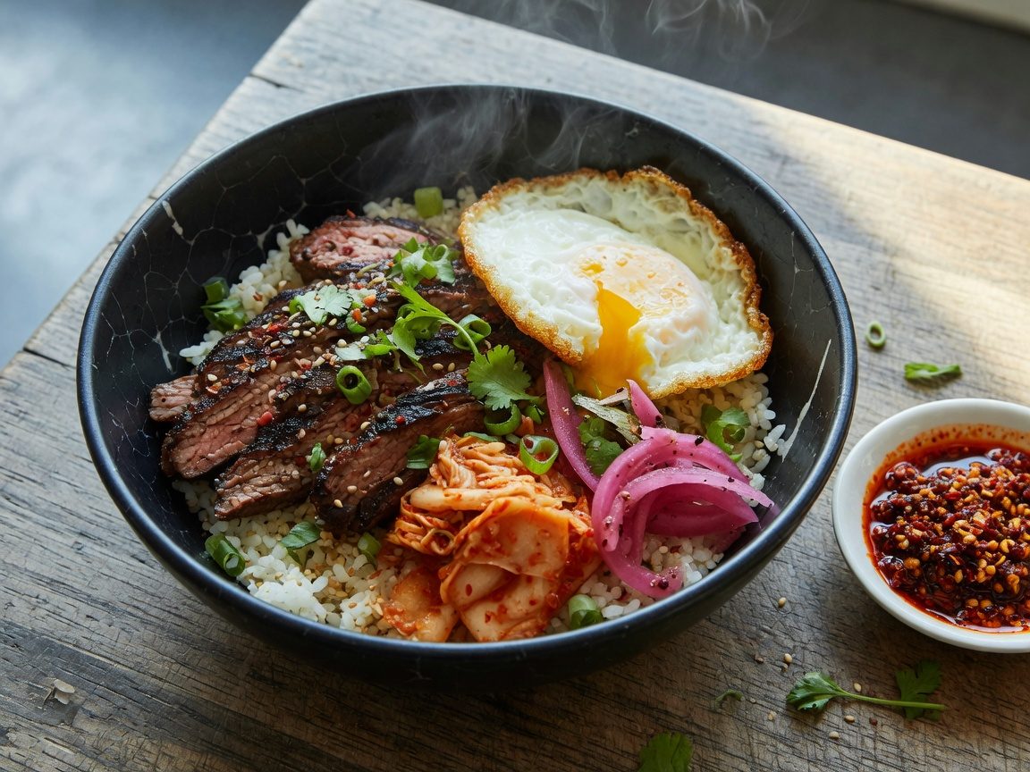Carne asada rice bowl with kimchi from The Wheelie Taco in Monticello KY