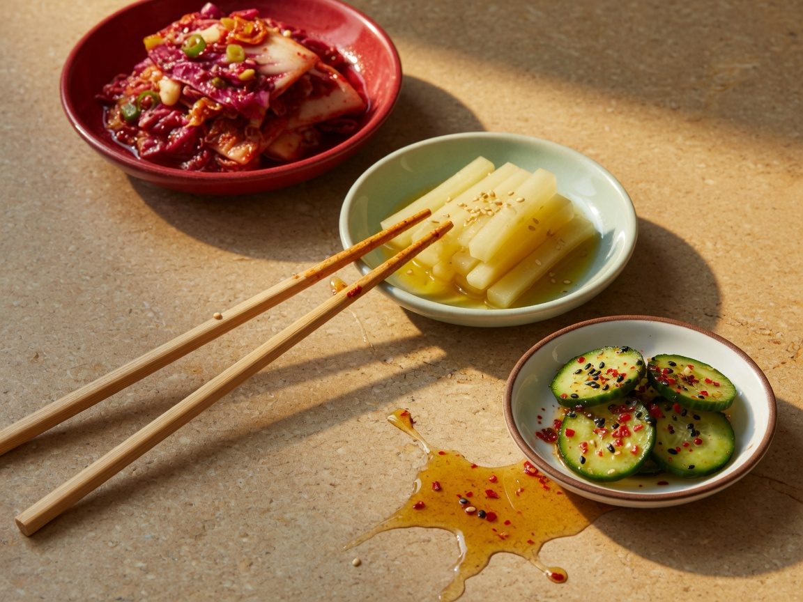 Banchan trio of house kimchi, pickled daikon, and sesame cucumber