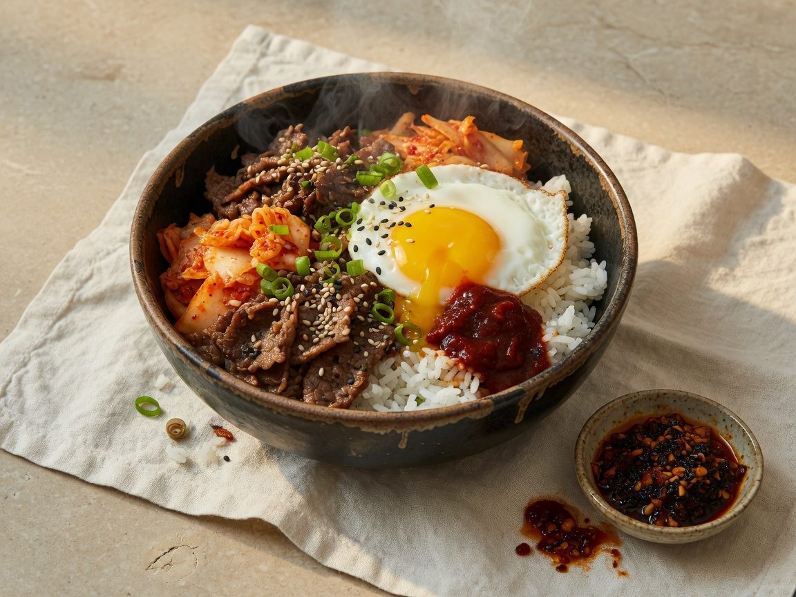Kimchi bibimbap bowl with bulgogi and fried egg, Korean-Mexican food truck Lake Cumberland