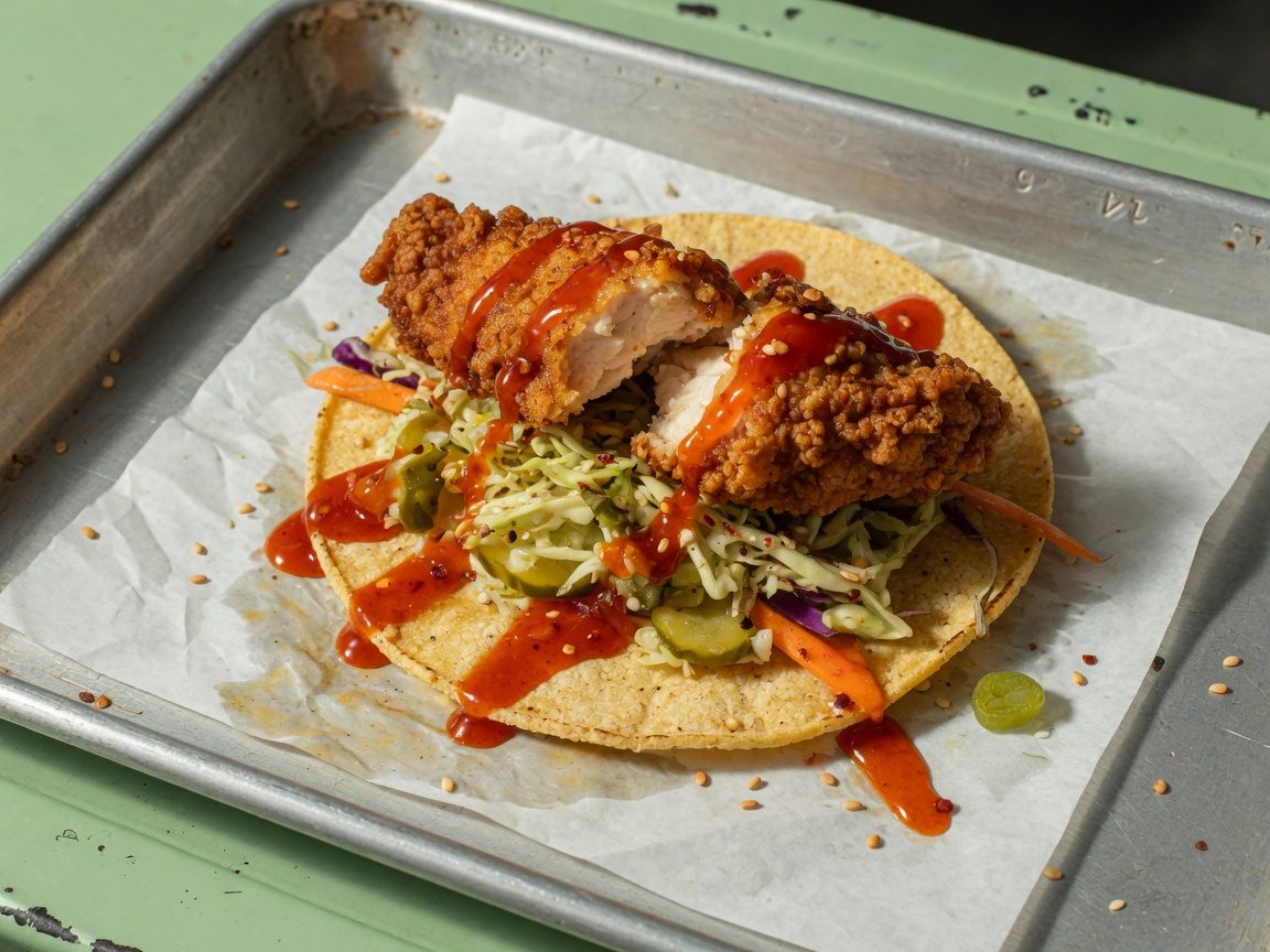 Honey-gochujang fried chicken taco at a cabin event