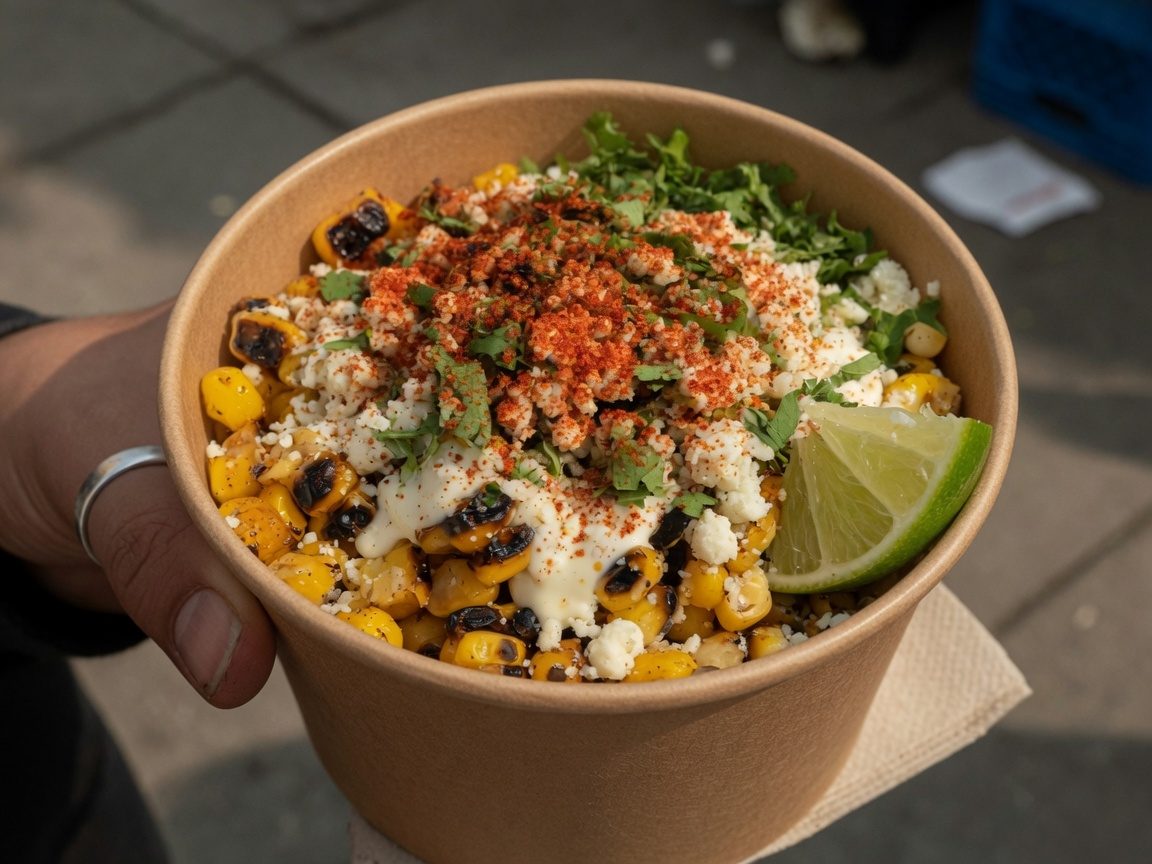 Esquites cup of charred corn, cotija, and chili from The Wheelie Taco