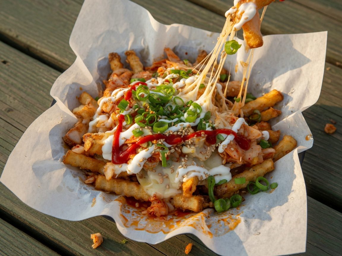 Loaded kimchi fries with melted cheese from the Lake Cumberland food truck
