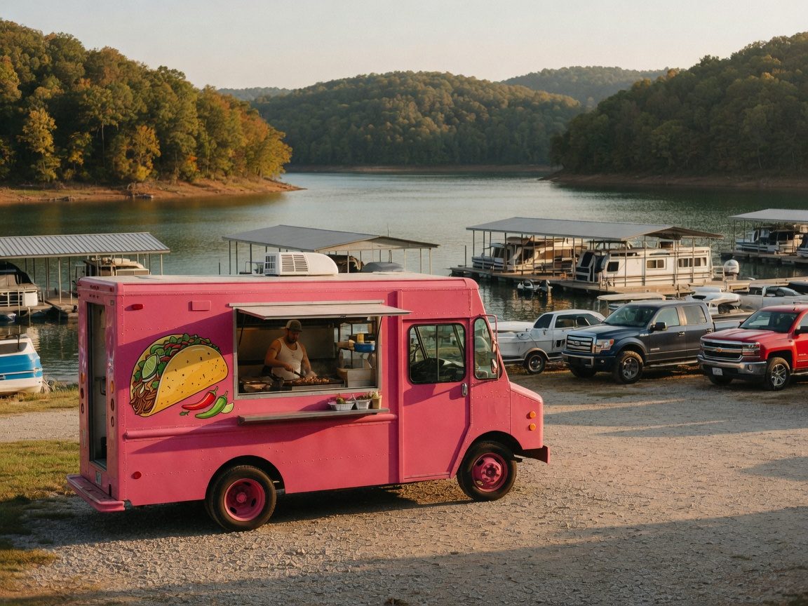 The Wheelie Taco hot-pink Korean-Mexican food truck parked at a Lake Cumberland marina